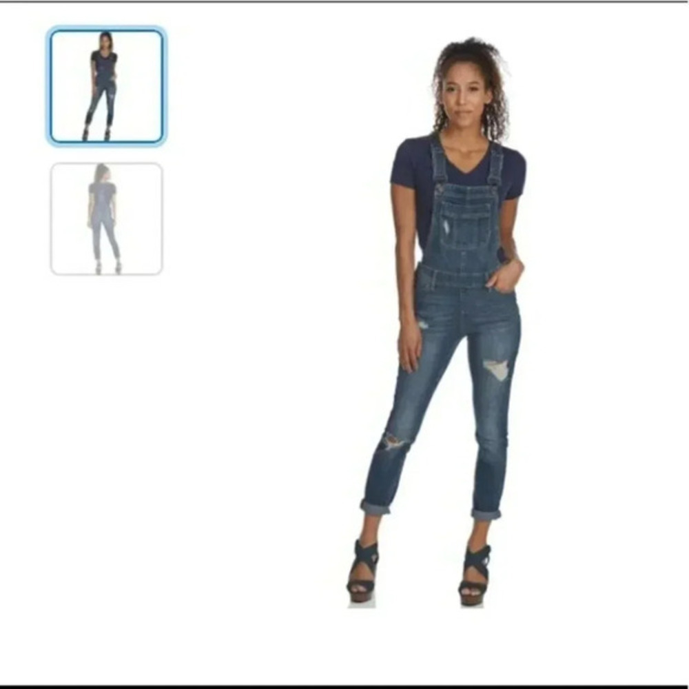 Blue Spice Denim Overalls 11 Dark Wash Distressed Skinny Tapered Bib Dungarees